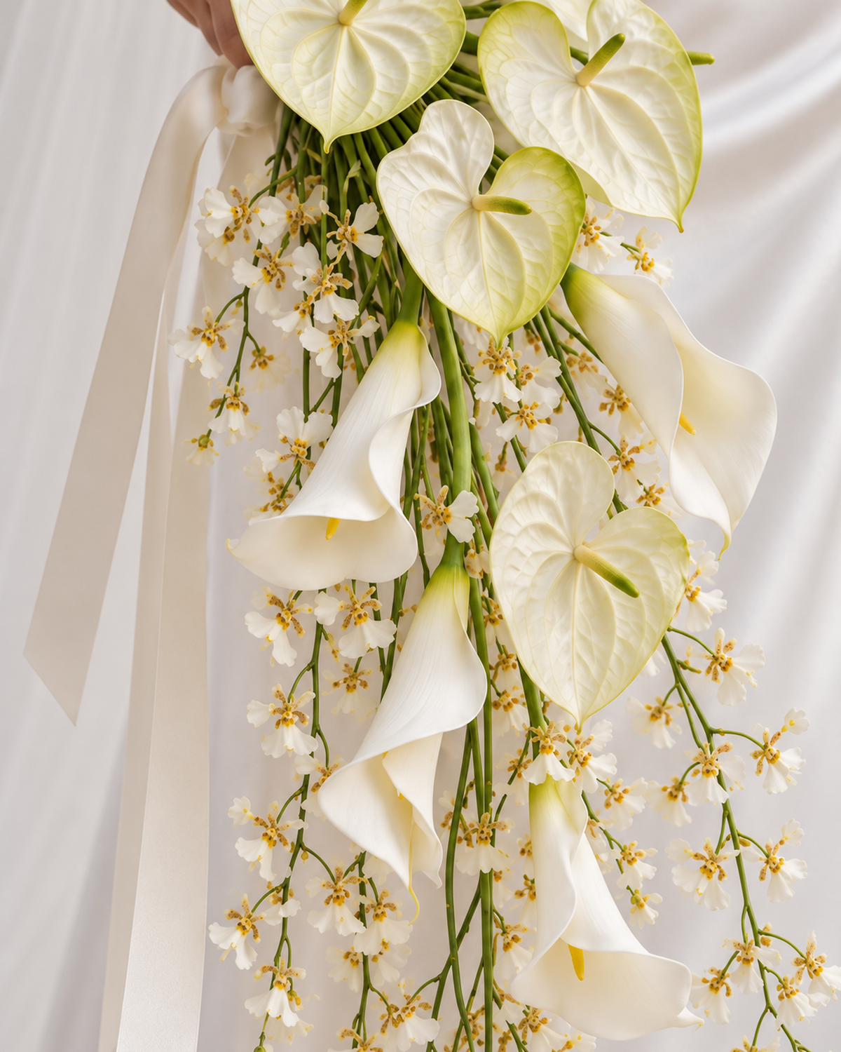 Mid-section detail of the White Oncidium Cascade bouquet showing the ivory ribbon binding and stem structure.