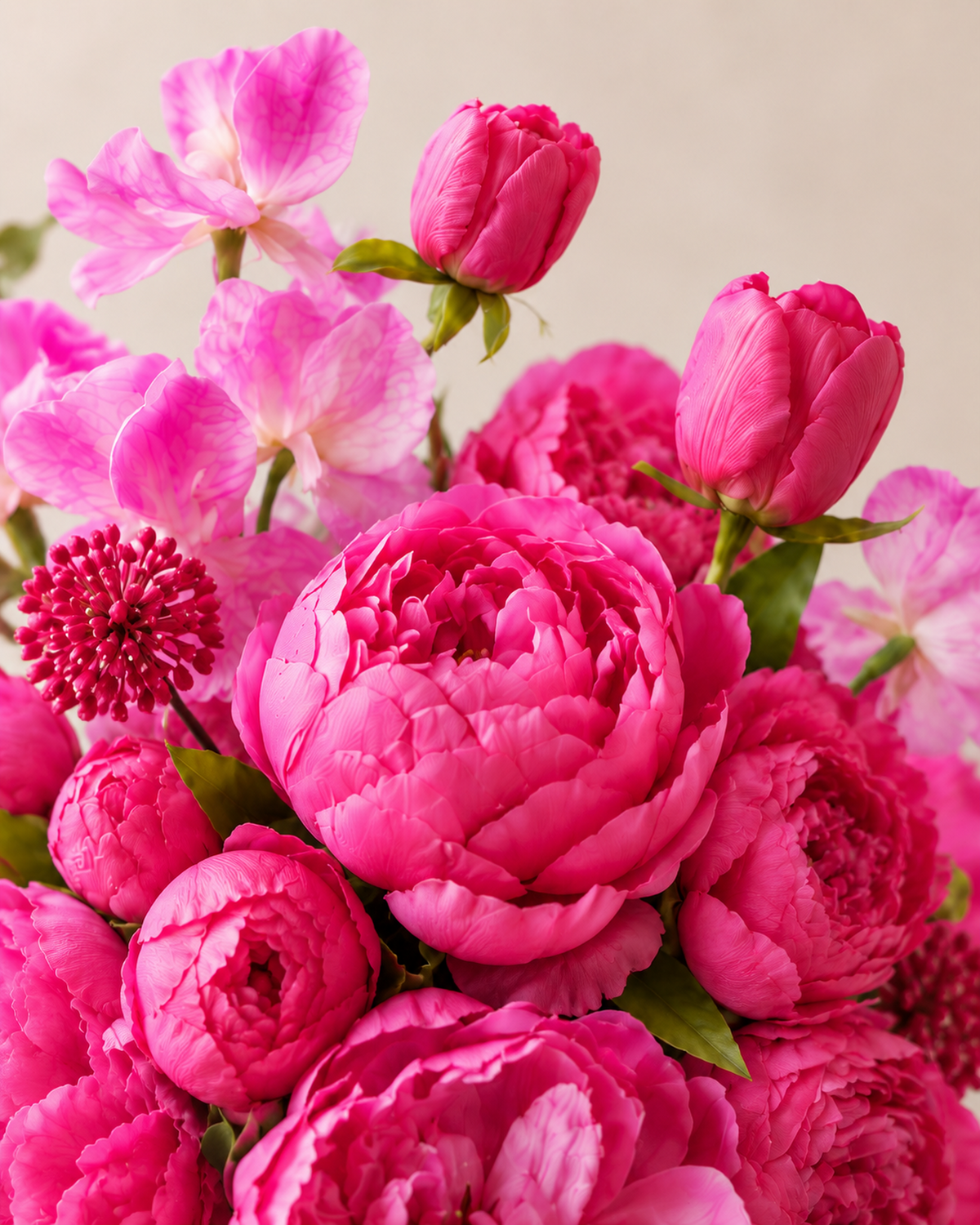 Close-up detail of the Fuchsia Bloom Posy bouquet showing hot pink peony, magenta tulip, pink sweet pea and deep red pom-pom flowers