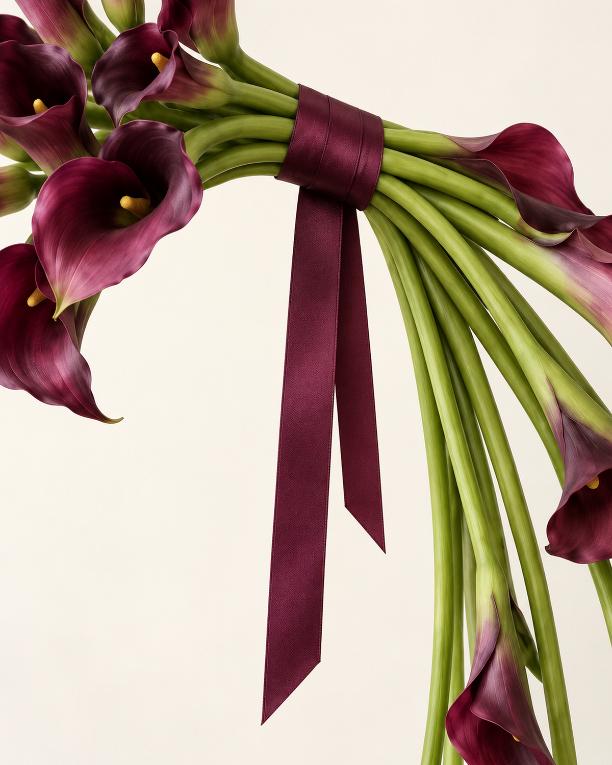 Close-up of the burgundy ribbon-wrapped handle of the Sculptural Plum calla lily bouquet, showing naturally exposed stems.