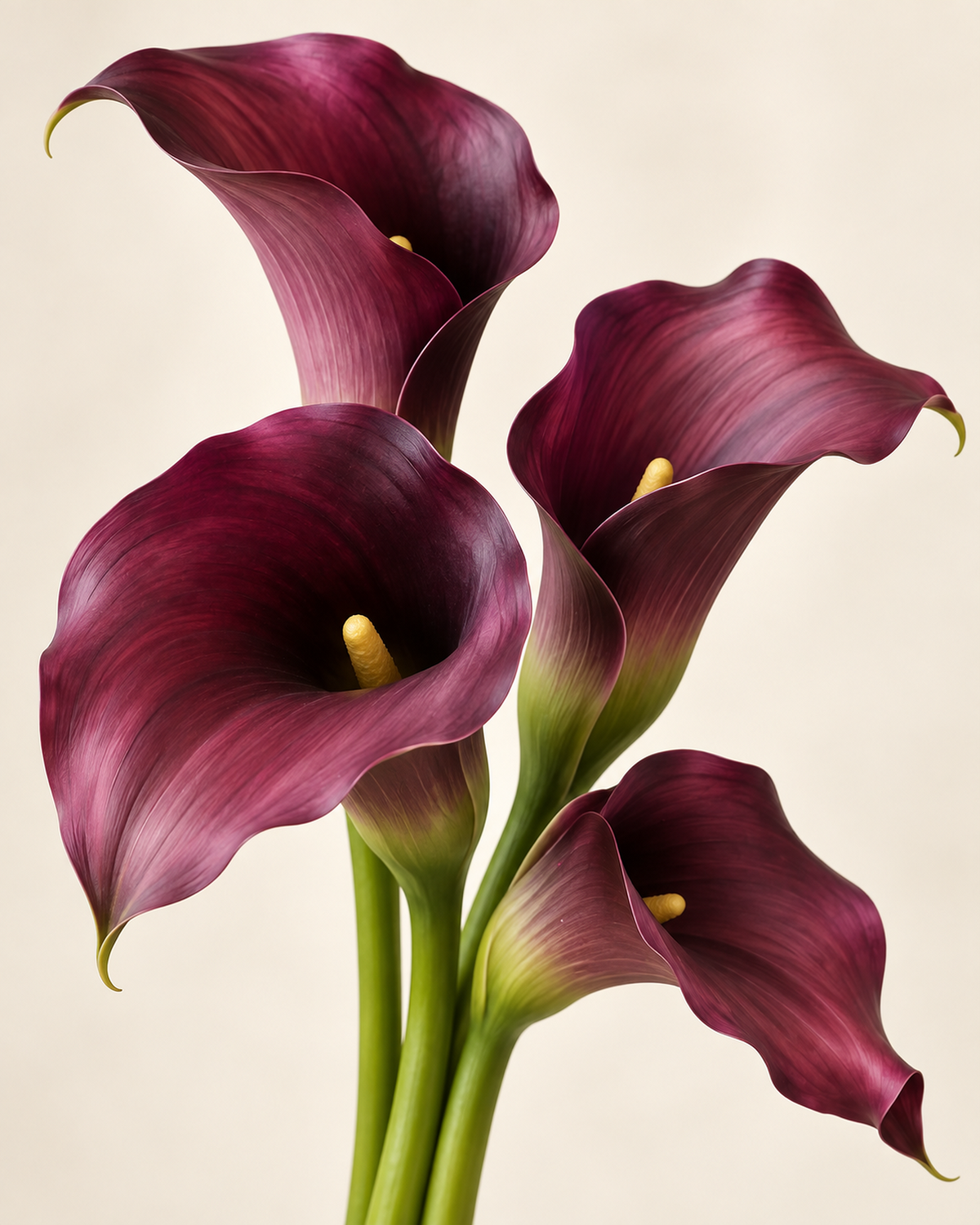 Macro detail of plum and burgundy calla lily blooms with yellow spadix on the Sculptural Plum cascade bridal bouquet.