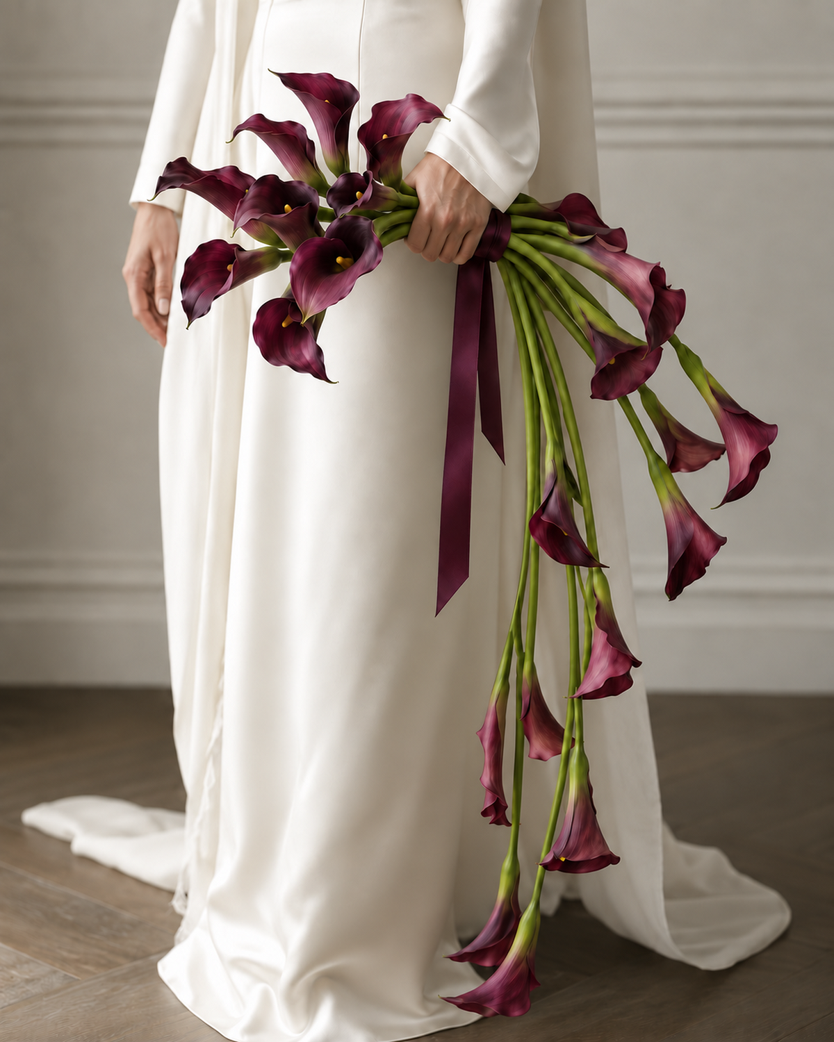 Close-up of a bride in a white gown holding the Sculptural Plum calla lily cascade bridal bouquet against her side, tied with a burgundy ribbon.