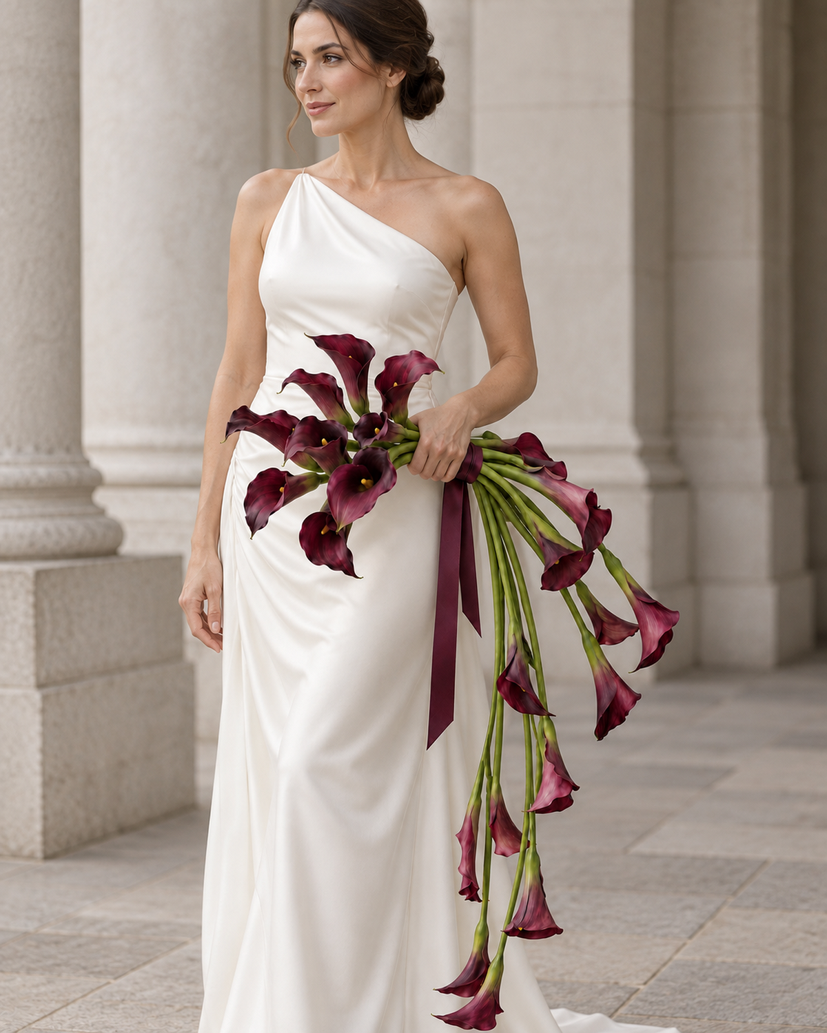 Bride outdoors holding the Sculptural Plum calla lily cascade bridal bouquet, close-up view showing deep plum and burgundy calla lily blooms with burgundy ribbon.