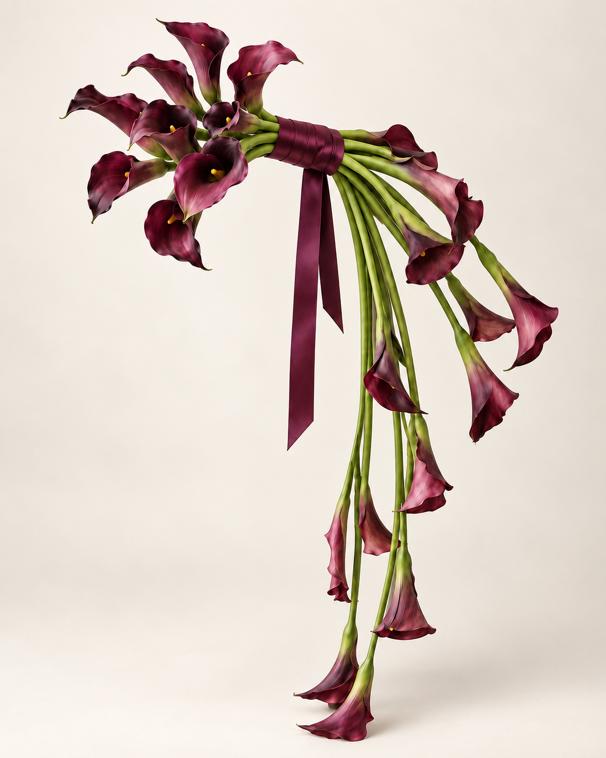 Sculptural Plum calla lily cascade bridal bouquet on a plain ivory background, showing the full waterfall silhouette with exposed stems and burgundy ribbon.