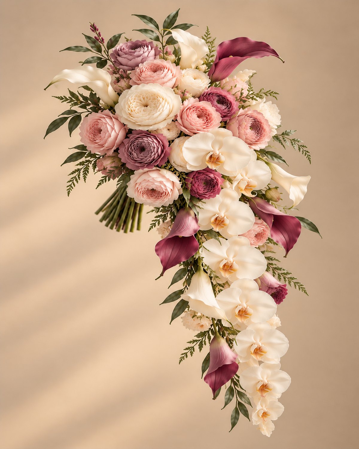 Blush Merlot cascade bridal bouquet on a plain beige background with blush, cream and mauve ranunculus, white orchid, burgundy and white calla lily, and fern and leaf foliage.