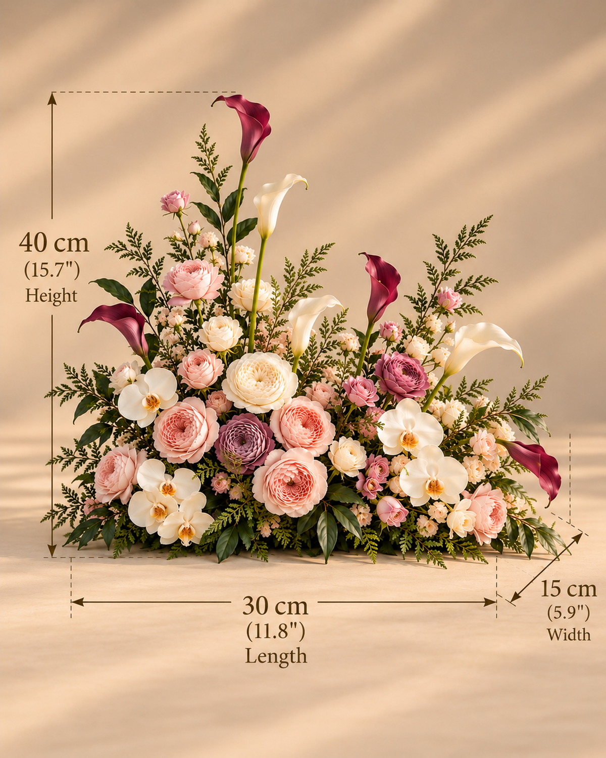 Blush Merlot aisle flowers dimension guide showing length 30 cm (11.8 in), width 15 cm (5.9 in) and height 40 cm (15.7 in).