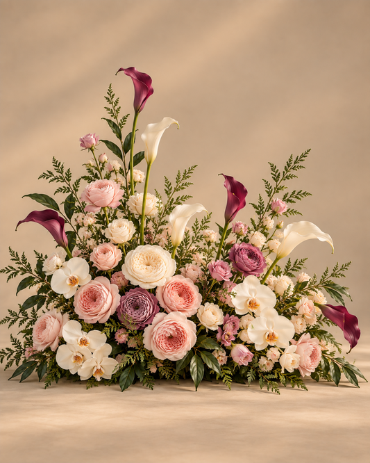 Blush Merlot aisle flowers arrangement on a plain beige background, with blush, cream and mauve ranunculus and garden roses, white orchid, burgundy and white calla lily, and fern and leaf foliage.