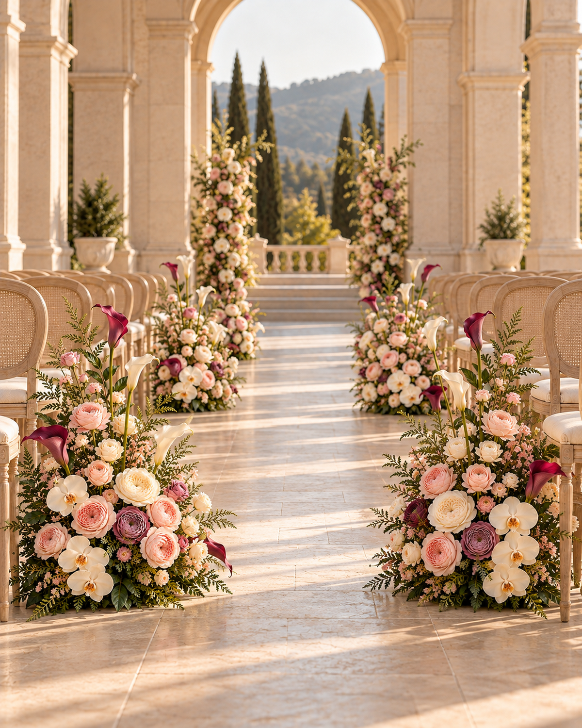 Ceremony aisle under a stone arch with Blush Merlot aisle flowers along the floor; the chairs, tall flower columns at the arch, and venue are shown for display and are not included.