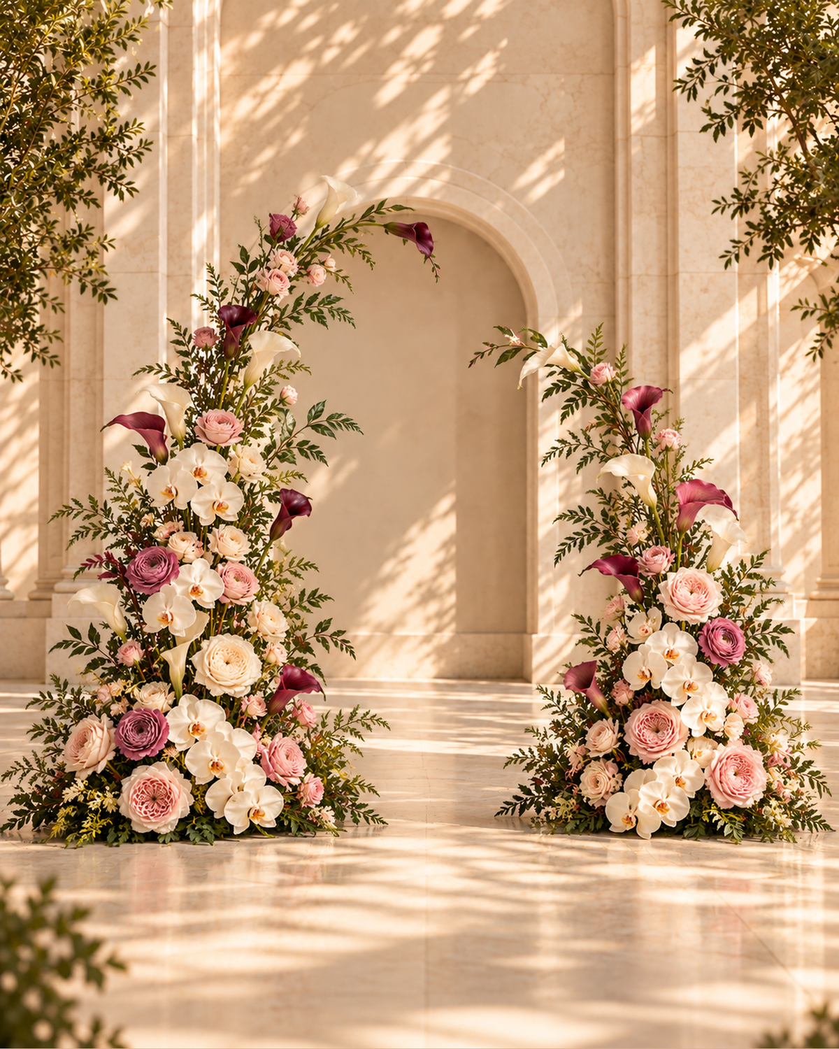 Pair of Blush Merlot freestanding cascading ceremony arch flower arrangements in an arched stone hall, with blush, cream and mauve ranunculus and garden roses, burgundy and white calla lilies, white orchid, and fern and leaf foliage; the hall, arches, columns and surrounding foliage are shown for display and are not included.