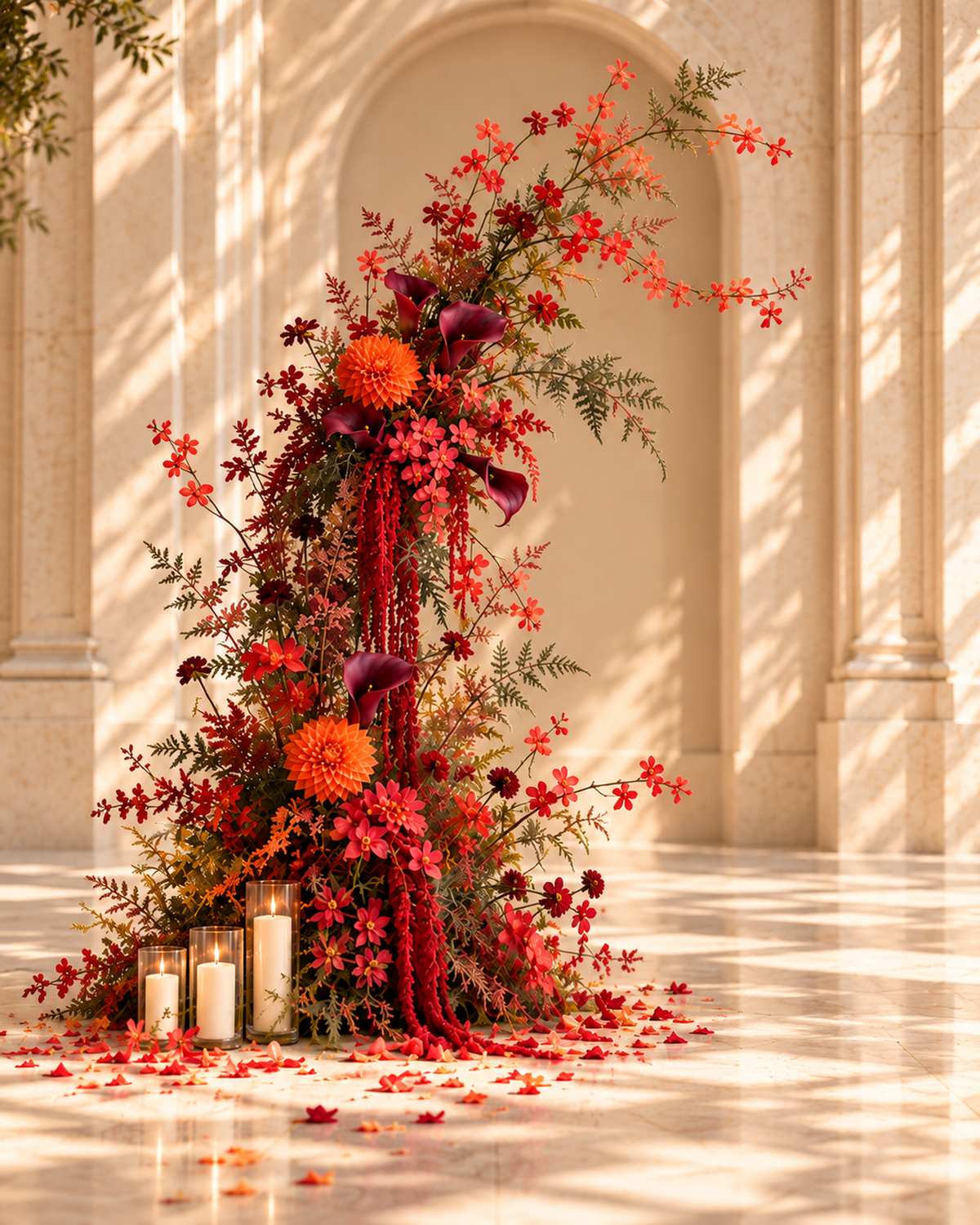 Left-side freestanding arch flower arrangement in burnt orange dahlia, burgundy calla lily and crimson hanging amaranthus with fern and autumn foliage.