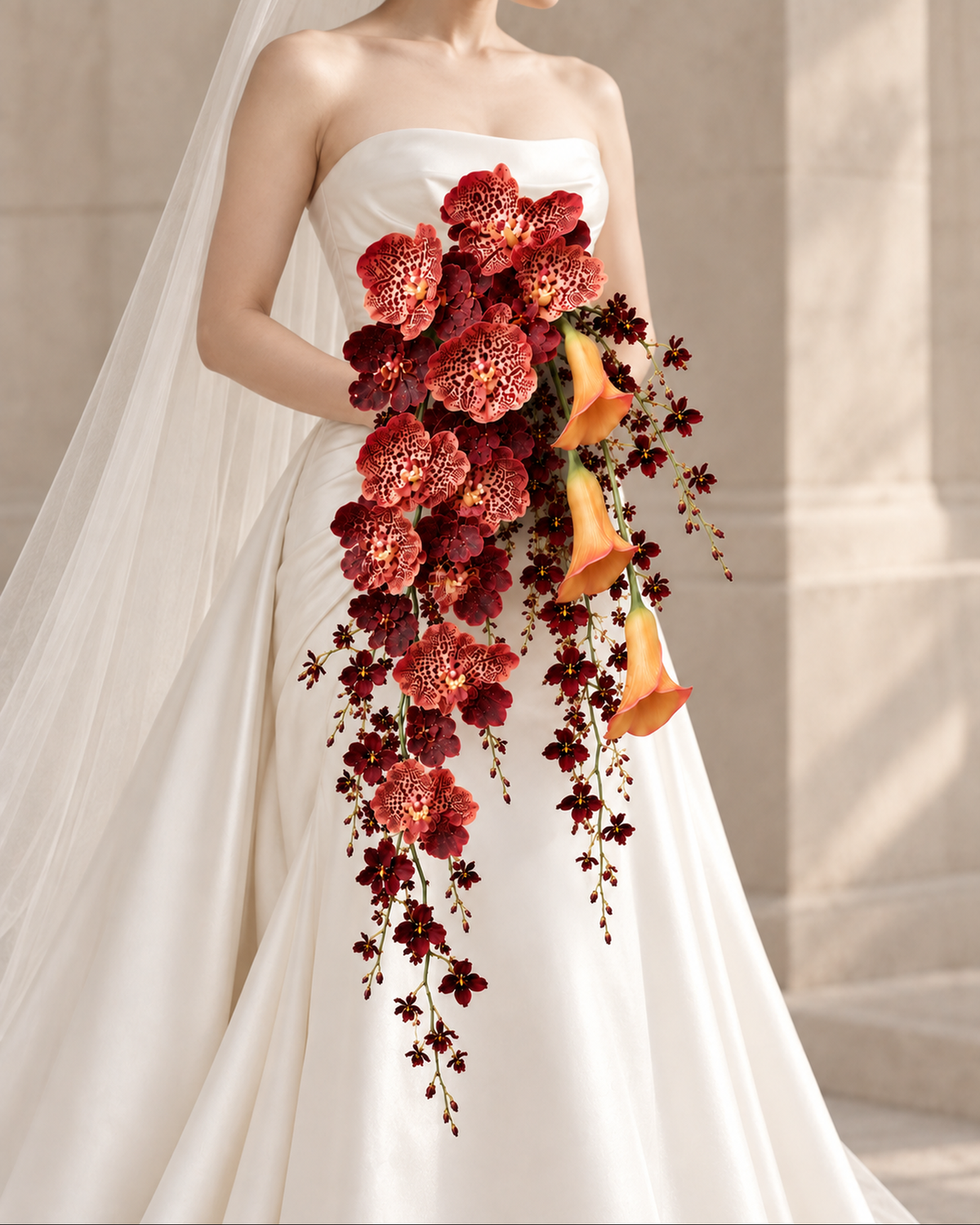 Bride in a wedding gown holding the Wildfire Orchid Cascade bridal bouquet, side view showing leopard-pattern coral cymbidium orchid, orange calla lily and burgundy oncidium-style trailing sprays.
