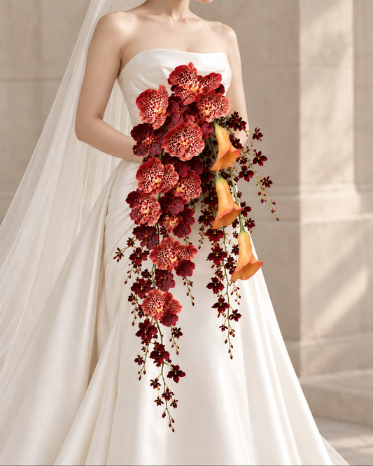 Bride in a wedding gown holding the Wildfire Orchid Cascade bridal bouquet, side view showing leopard-pattern coral cymbidium orchid, orange calla lily and burgundy oncidium-style trailing sprays.