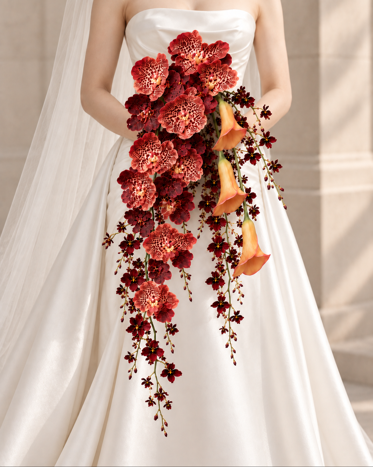 Bride holding the Wildfire Orchid Cascade bridal bouquet, front view showing the coral, burgundy and burnt-orange cascade silhouette.