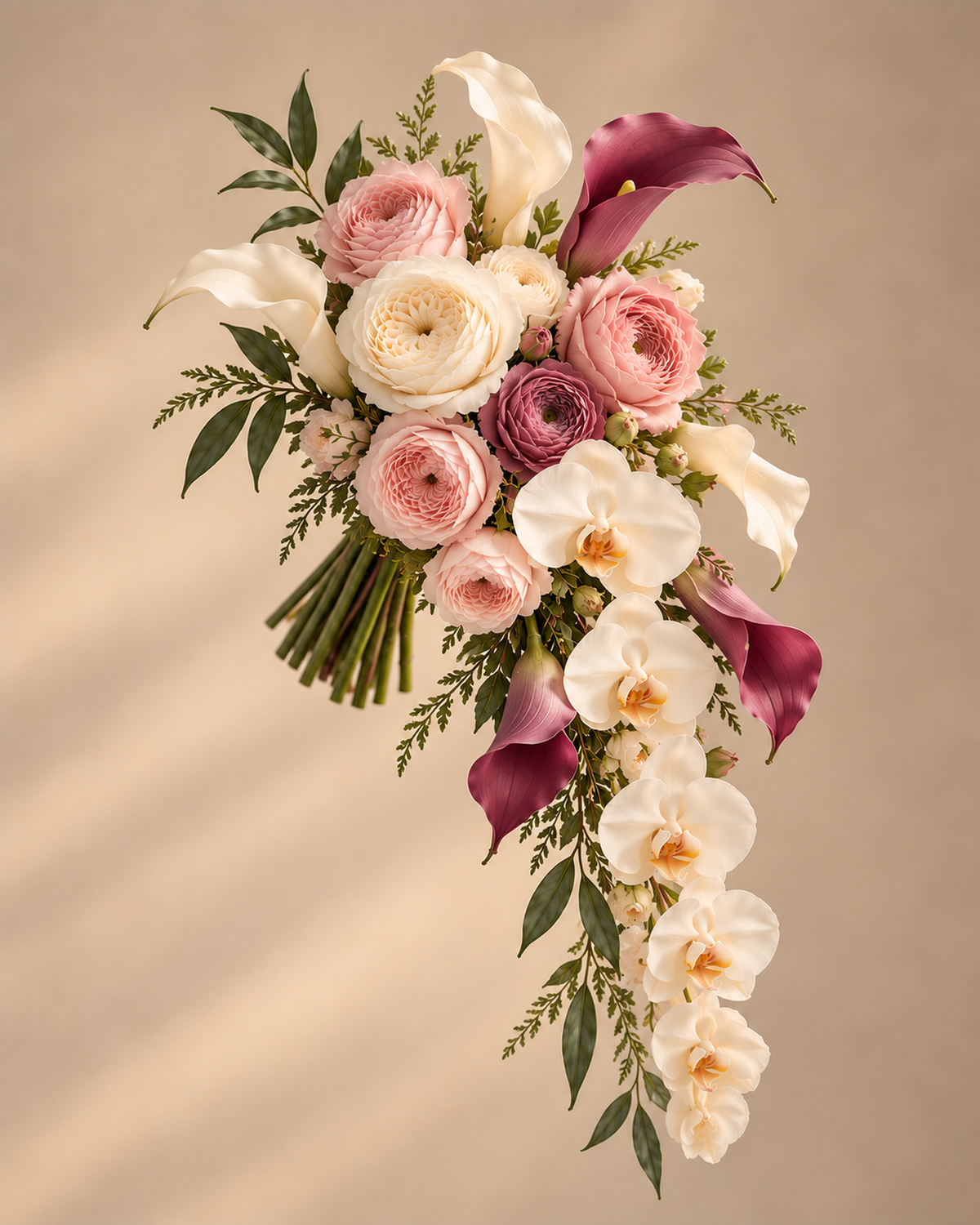 Blush Merlot bridesmaid bouquet with blush ranunculus, garden roses and burgundy calla lilies, tied with ribbon