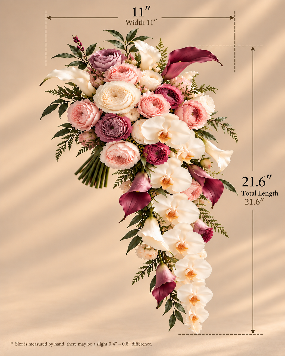 Blush Merlot cascade bridal bouquet dimension guide showing width 11 in and total length 21.6 in.