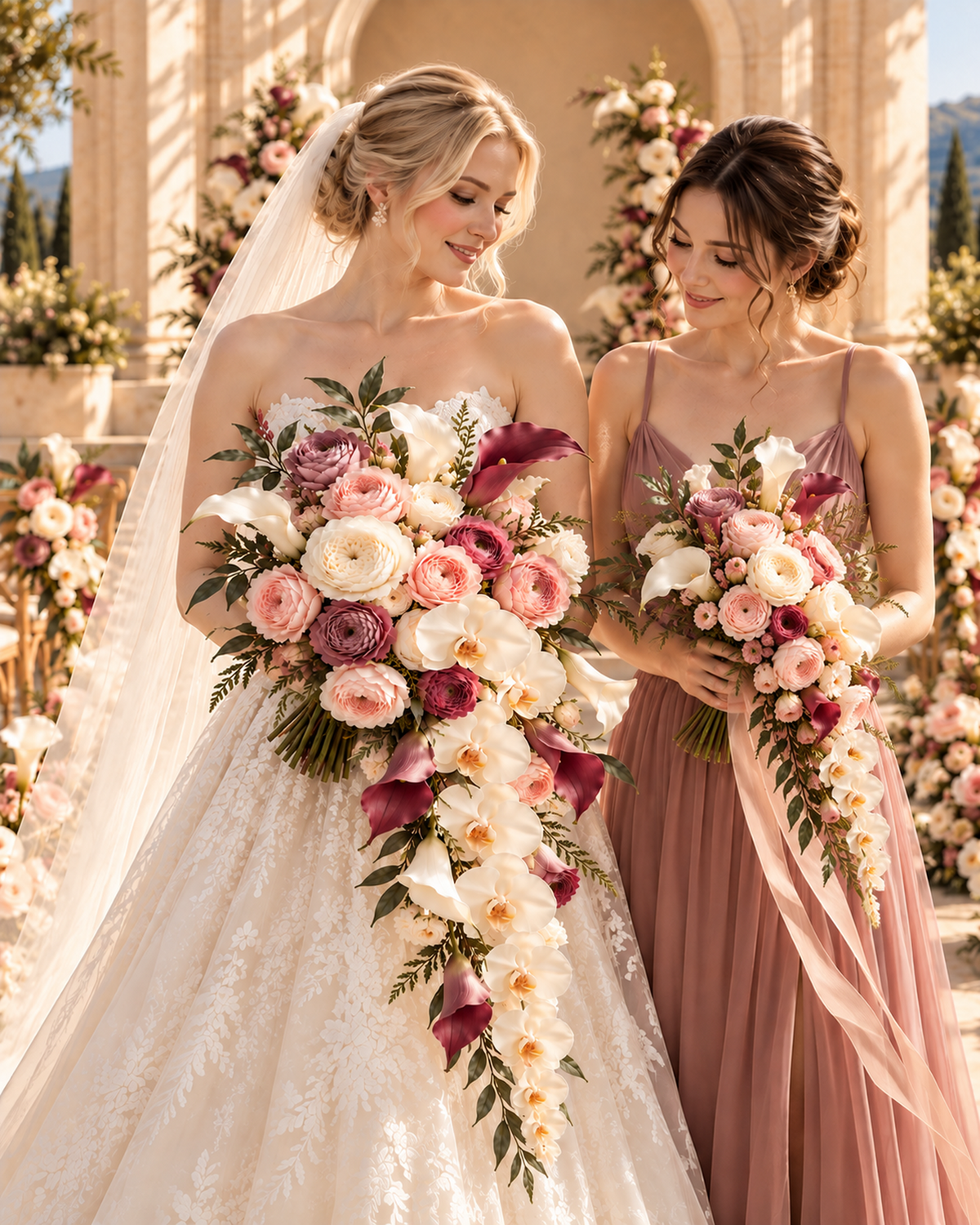 Bride holding the Blush Merlot cascade bridal bouquet beside a bridesmaid holding a smaller bouquet; the bridesmaid bouquet is shown for display and is sold separately.