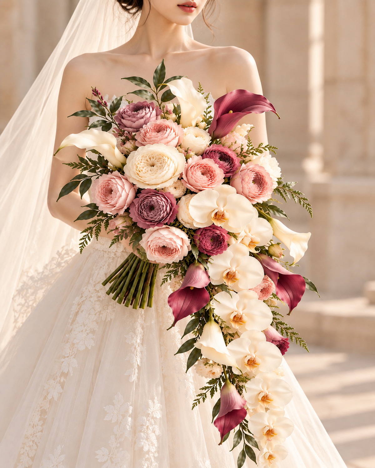 Close view of a bride holding the Blush Merlot cascade bridal bouquet against her lace wedding gown.