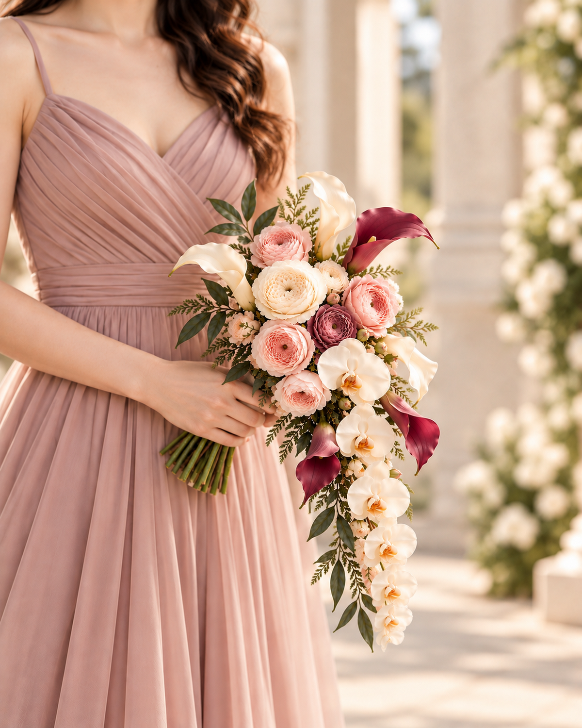 Bridesmaid in a dusty rose dress holding a Blush Merlot bridesmaid bouquet