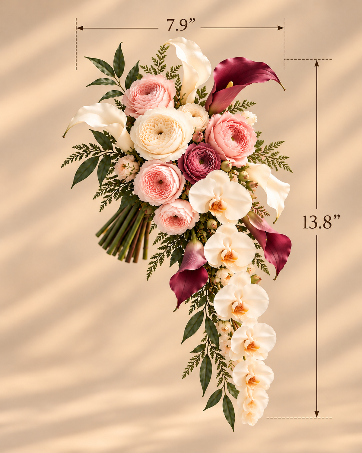 Blush Merlot bridesmaid bouquet size guide: 13.8 in tall by 7.9 in wide (35 x 20 cm)