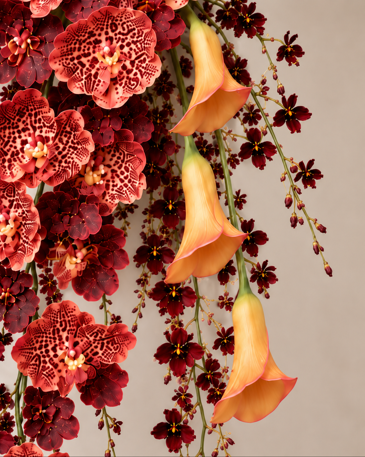 Close-up of the trailing orange calla lily and burgundy oncidium-style sprays on the Wildfire Orchid Cascade bridal bouquet.
