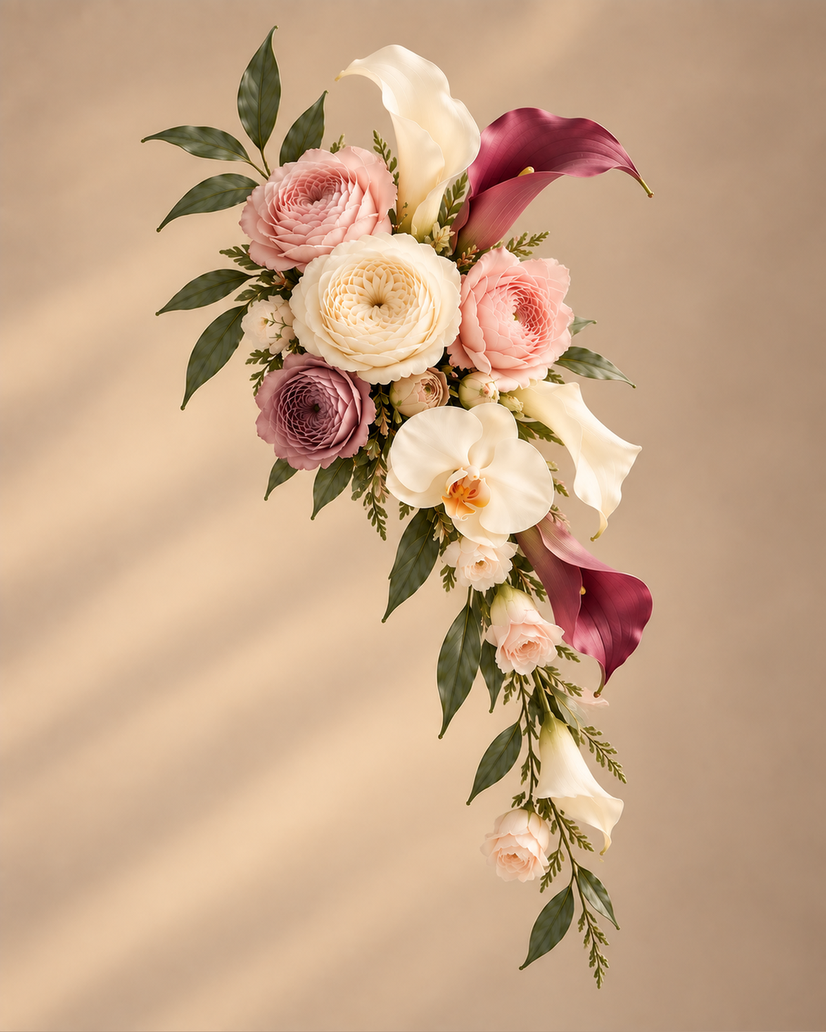 Blush Merlot chair flowers attached to the back of a wooden cross-back chair, with blush, cream and mauve ranunculus, white orchid, burgundy and white calla lily, and fern and leaf foliage; the chair is shown for display and is not included.