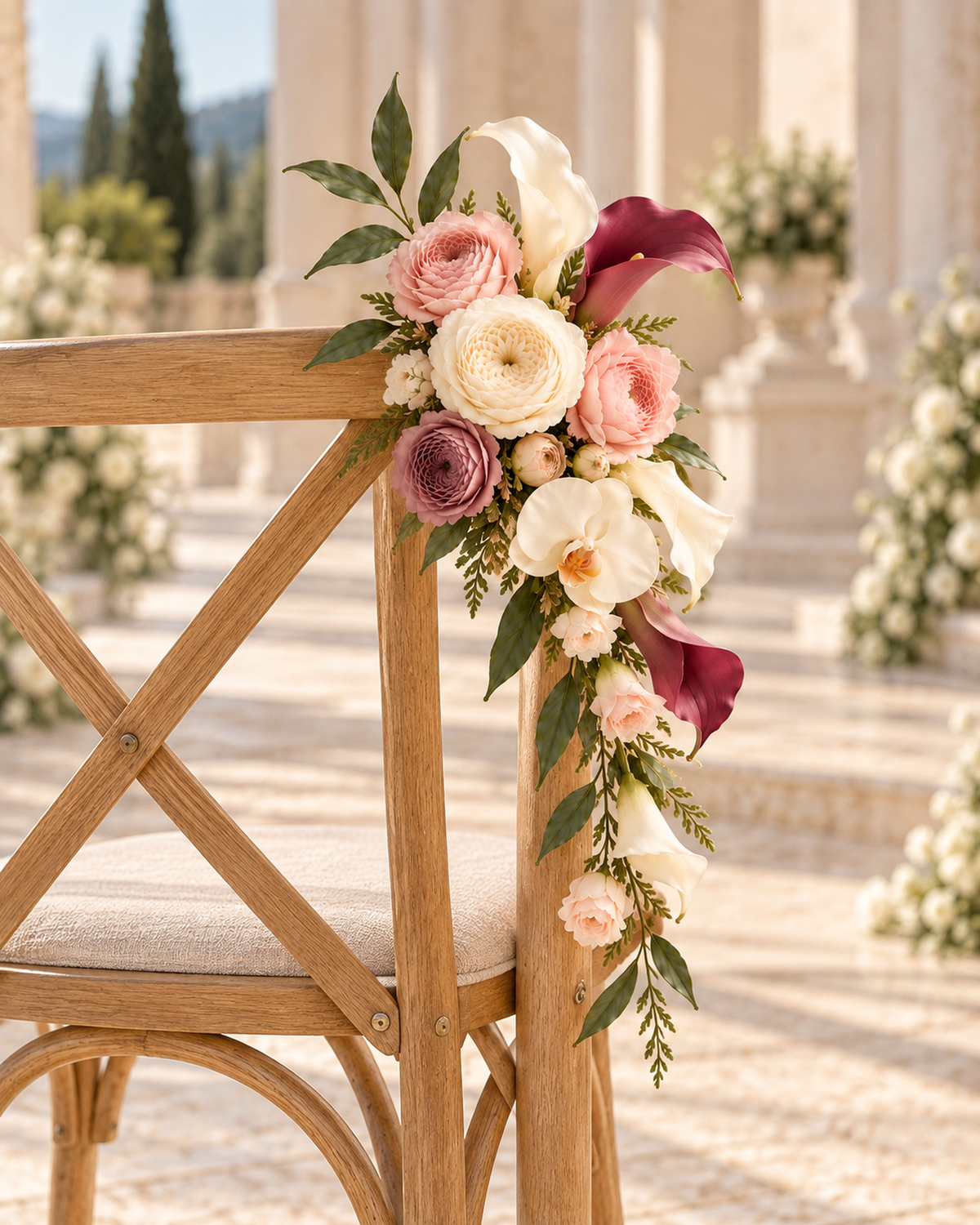 Blush Merlot chair flowers arrangement on a plain beige background, with blush, cream and mauve ranunculus, white orchid, burgundy and white calla lily, and fern and leaf foliage.
