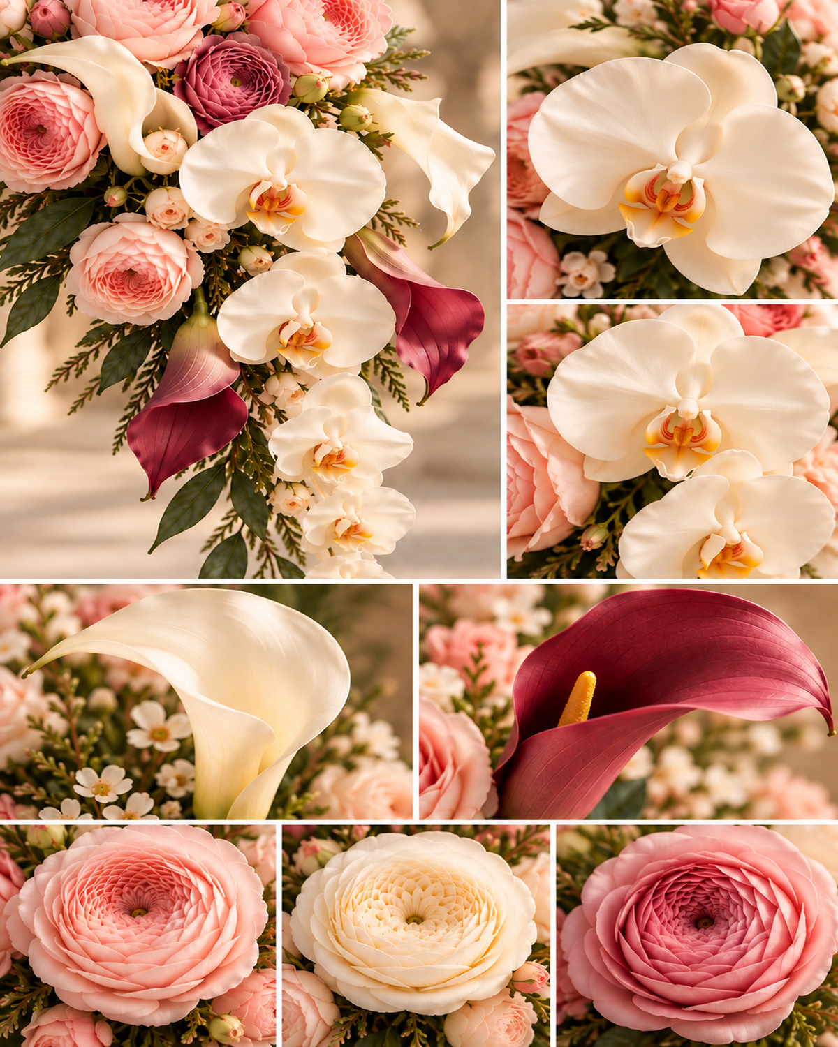 Close-up details of ranunculus, garden roses and burgundy calla lilies in the Blush Merlot bridesmaid bouquet