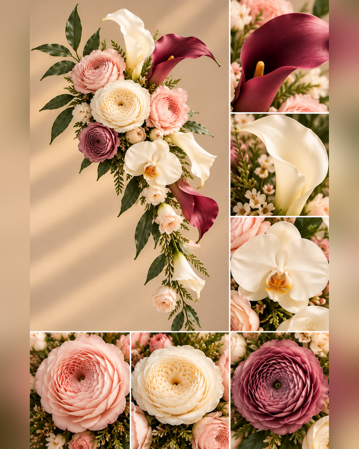 Collage of the Blush Merlot chair flowers with close-ups of burgundy and white calla lily, white orchid, and blush, cream and mauve ranunculus.