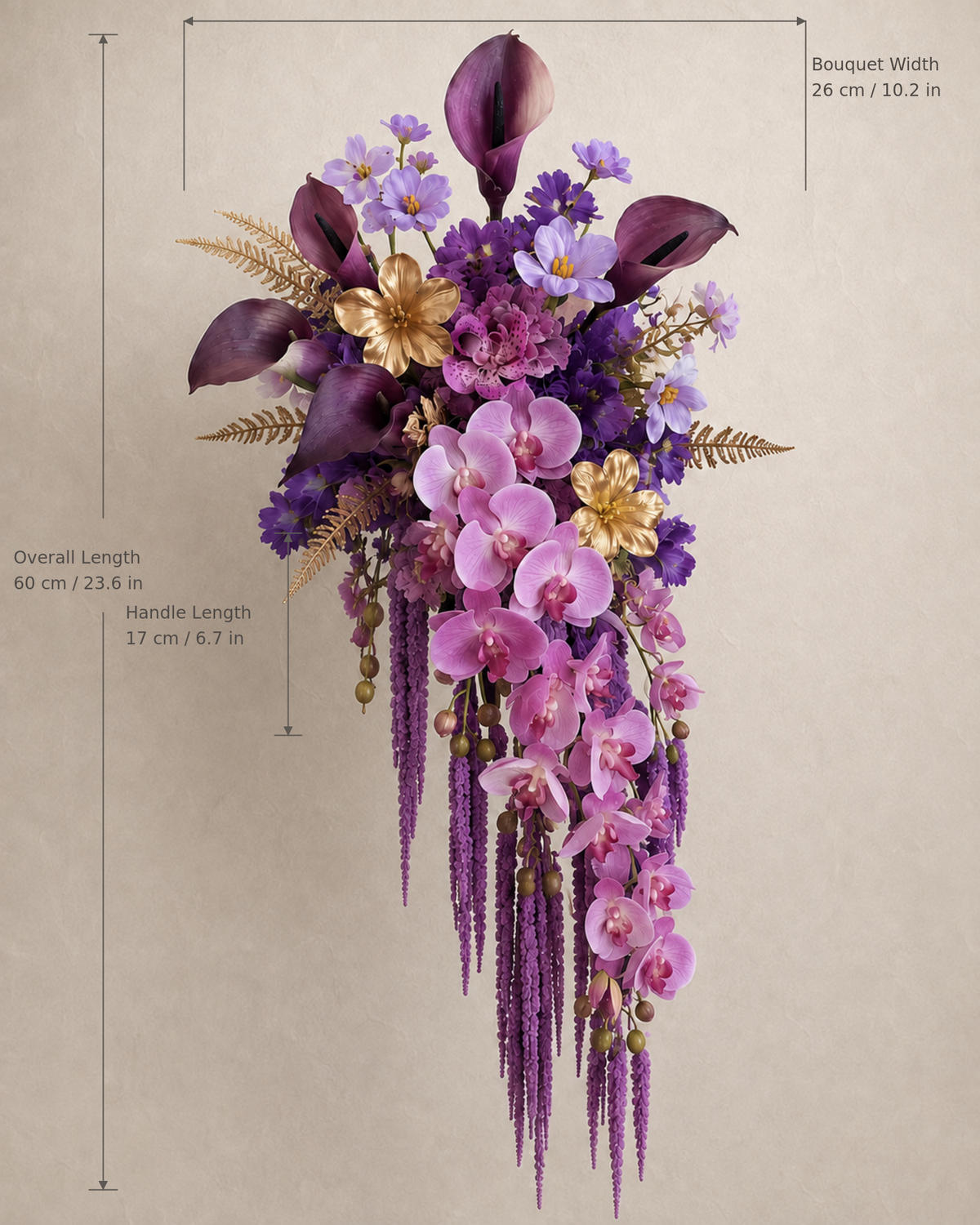 Gilded Amethyst bridal bouquet size and proportion guide, overall length 60 cm, handle length 17 cm