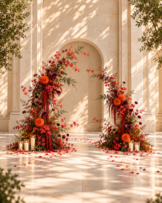 Pair of freestanding ceremony arch flower arrangements in burnt orange dahlia, burgundy calla lily and crimson hanging amaranthus framing a stone archway.
