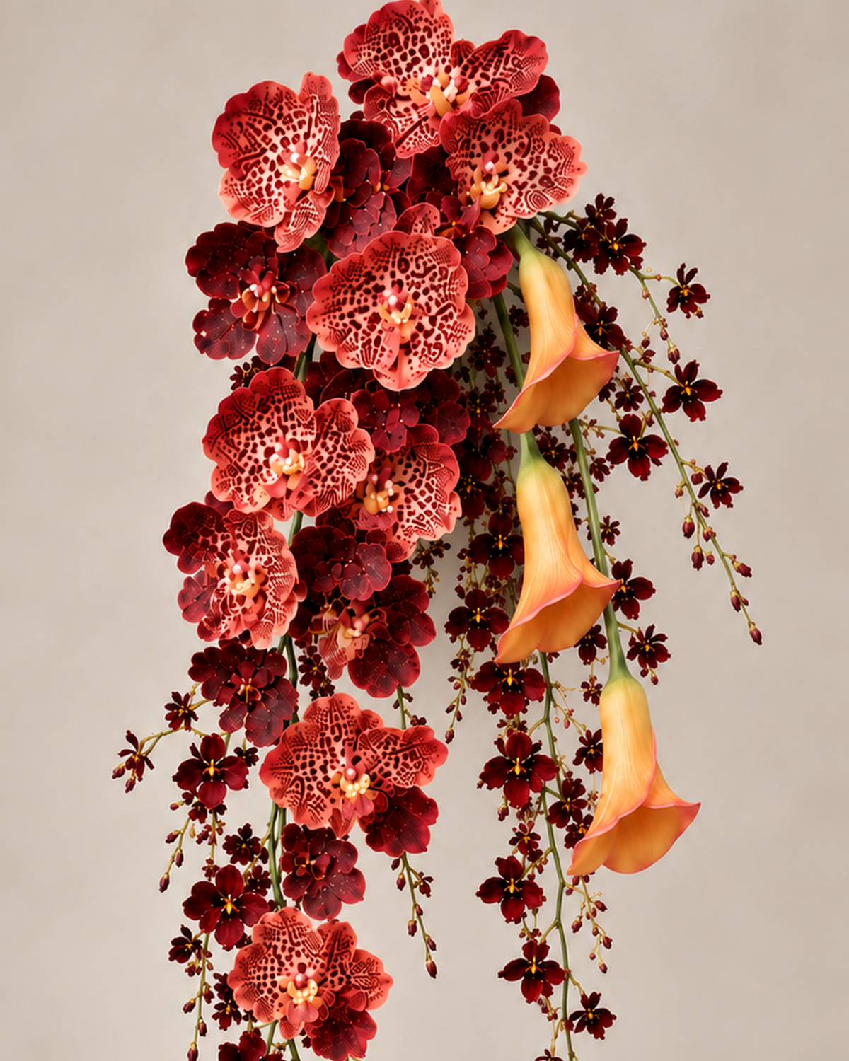 Close-up of the leopard-pattern coral cymbidium orchid blooms on the Wildfire Orchid Cascade bridal bouquet.