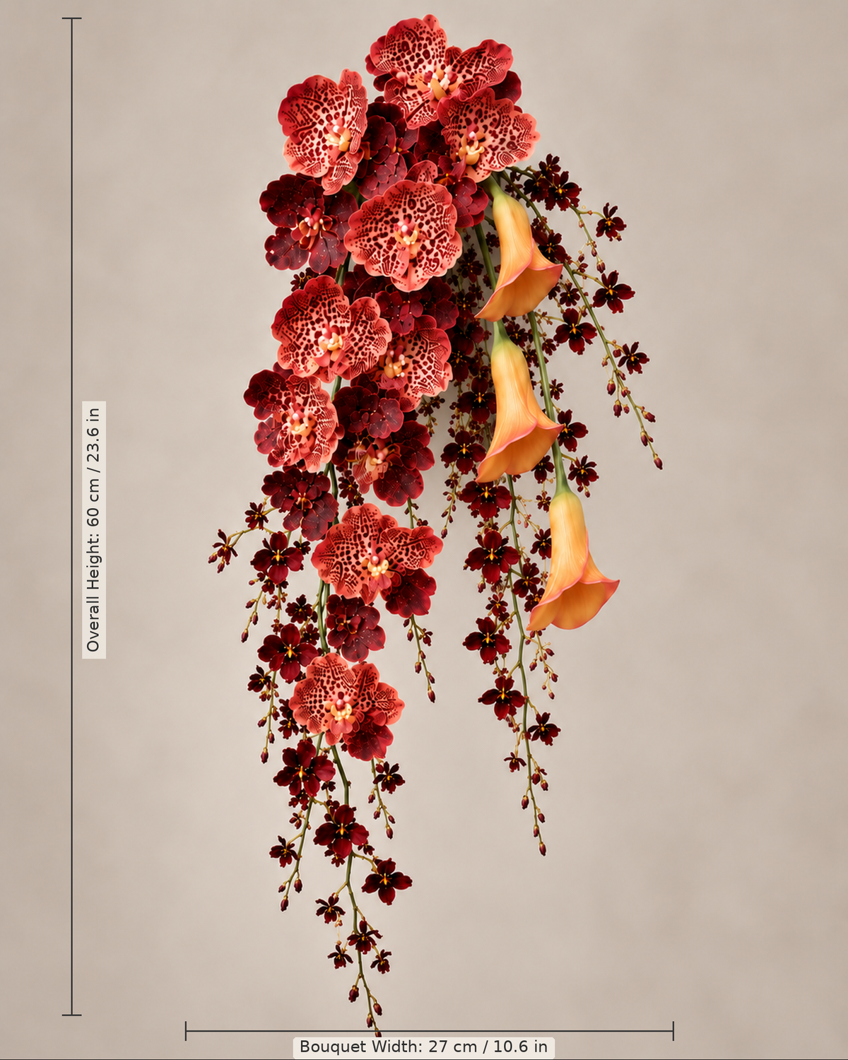 Wildfire Orchid Cascade bridal bouquet dimension guide showing overall height 60 cm (23.6 in) and width 27 cm (10.6 in).