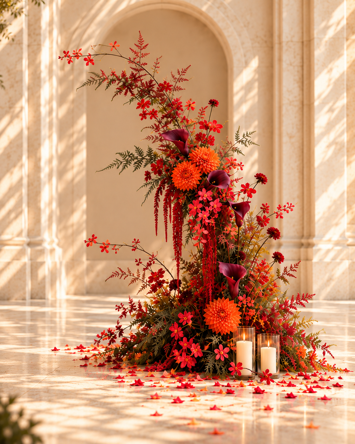 Right-side freestanding arch flower arrangement in burnt orange dahlia, burgundy calla lily and coral-red orchid sprays with fern and autumn foliage.