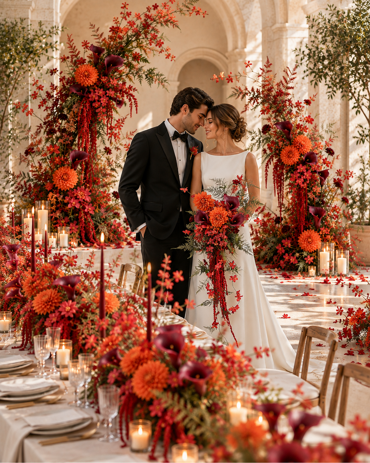 Display-only wedding scene; candles and hand bouquet are not included.