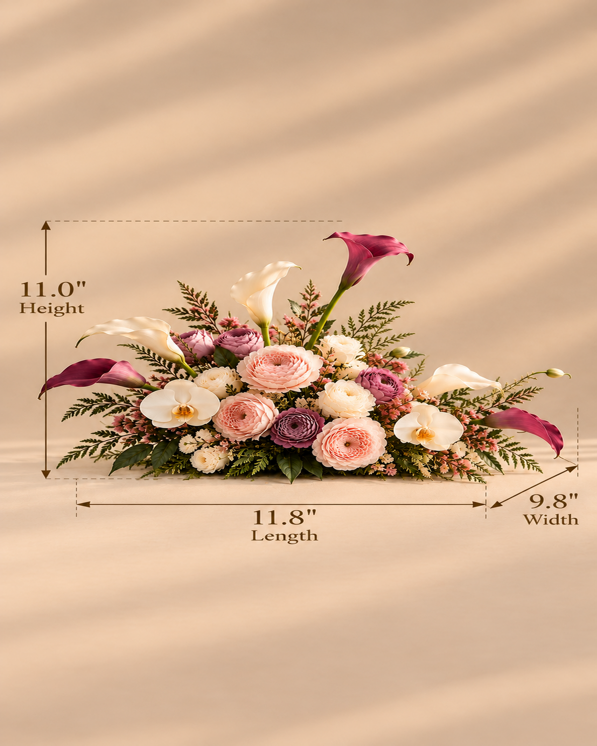 Blush Merlot table centerpiece dimension guide showing length 30 cm (11.8 in), width 25 cm (9.8 in) and height 28 cm (11.0 in).