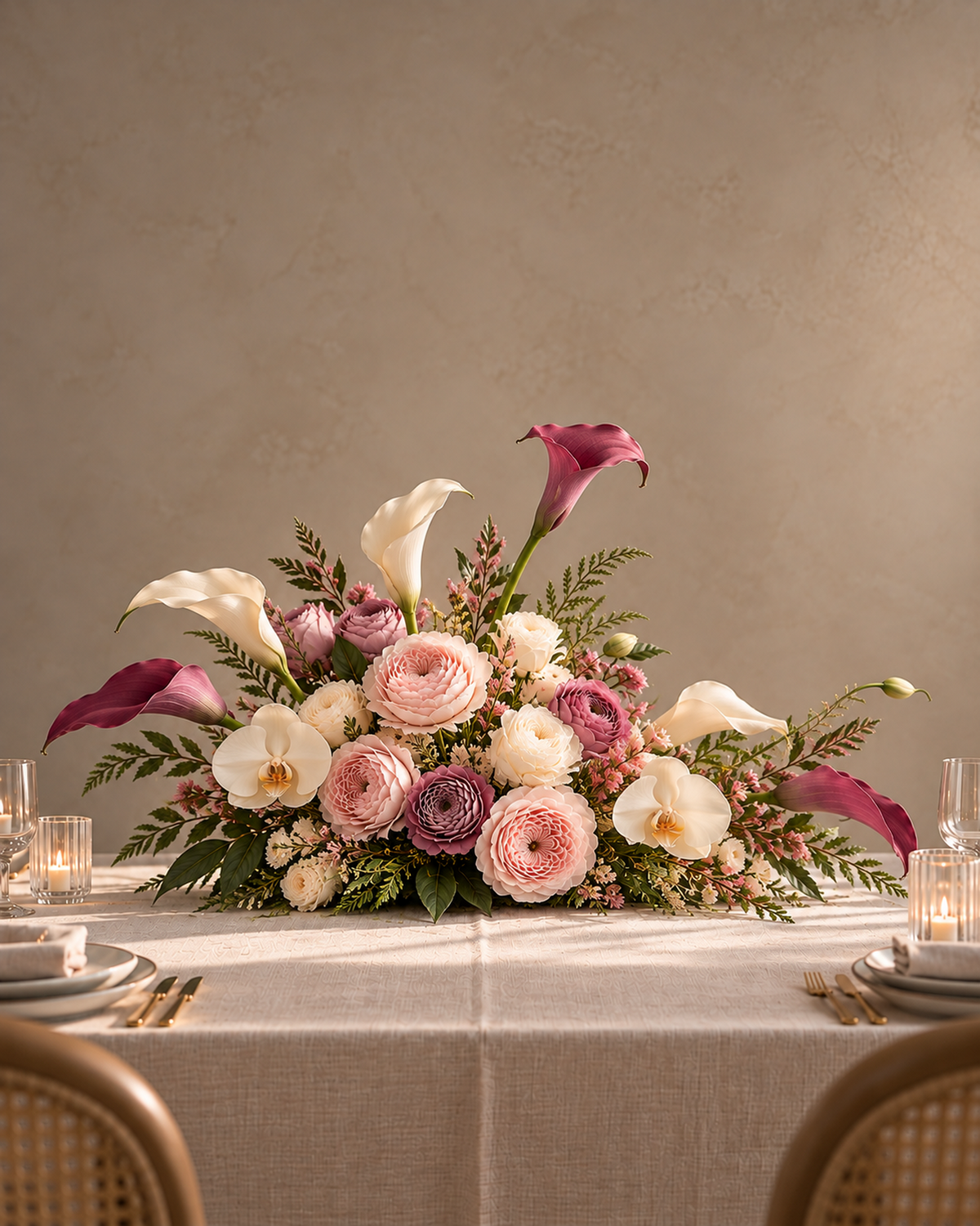 Blush Merlot table centerpiece on a wedding table between two place settings, with blush, cream and mauve ranunculus and garden roses, white orchid, burgundy and white calla lily, and fern and leaf foliage; the table, chairs, candles, glassware and tableware are shown for display and are not included.