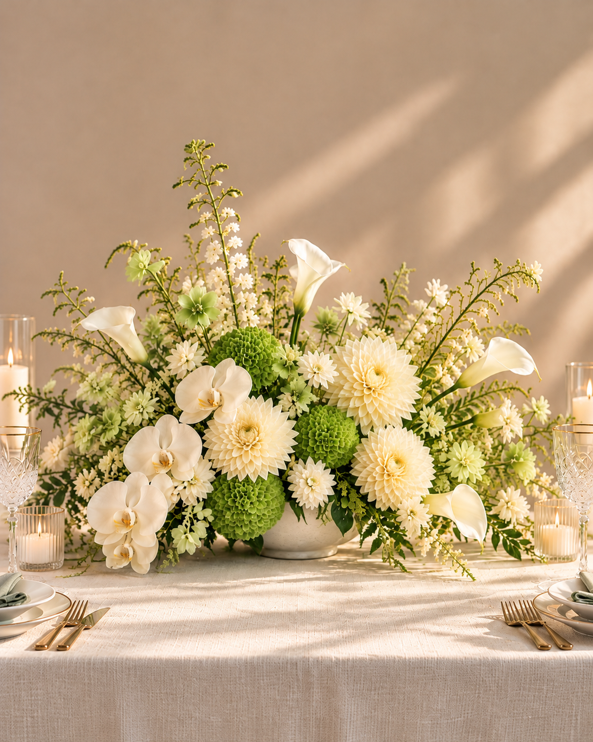 White Green Table Centerpiece with white orchids, cream dahlias, green hydrangea and white calla lilies in a white vase on a linen-covered table. Candles, glassware, tableware and table linen are for display and not included.
