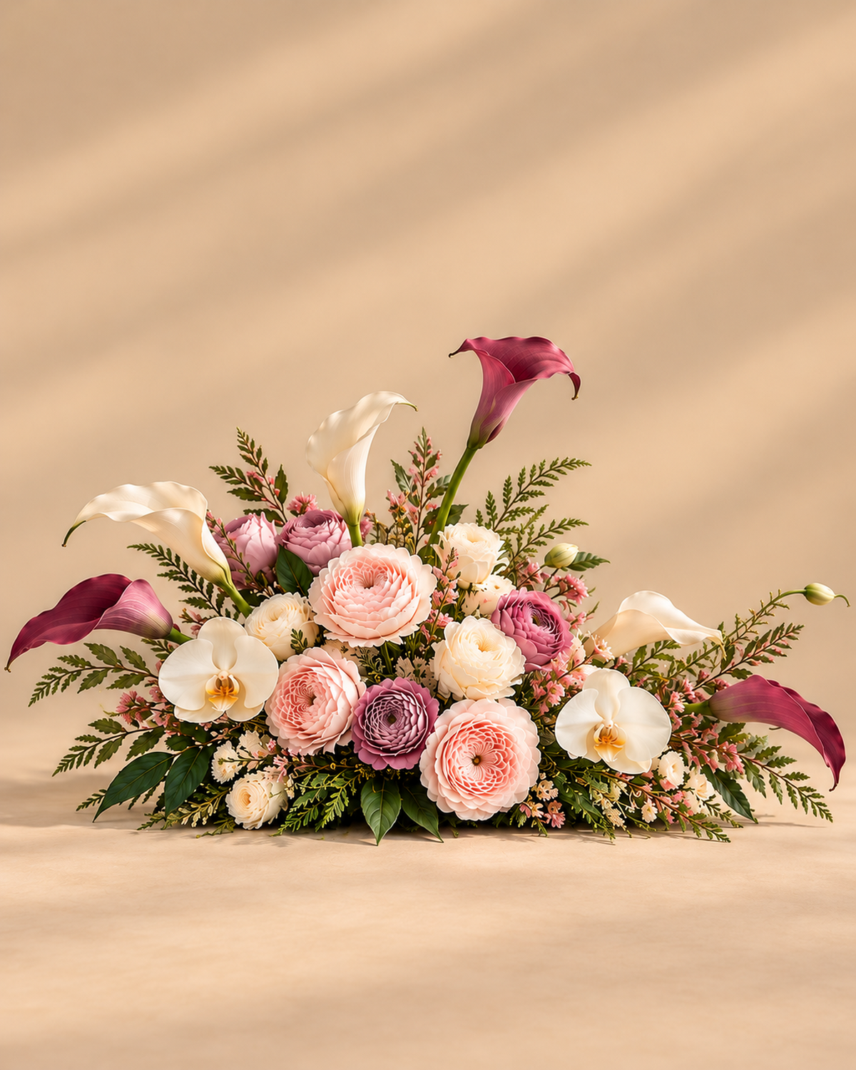 Blush Merlot table centerpiece on a plain beige background, with blush, cream and mauve ranunculus and garden roses, white orchid, burgundy and white calla lily, and fern and leaf foliage.
