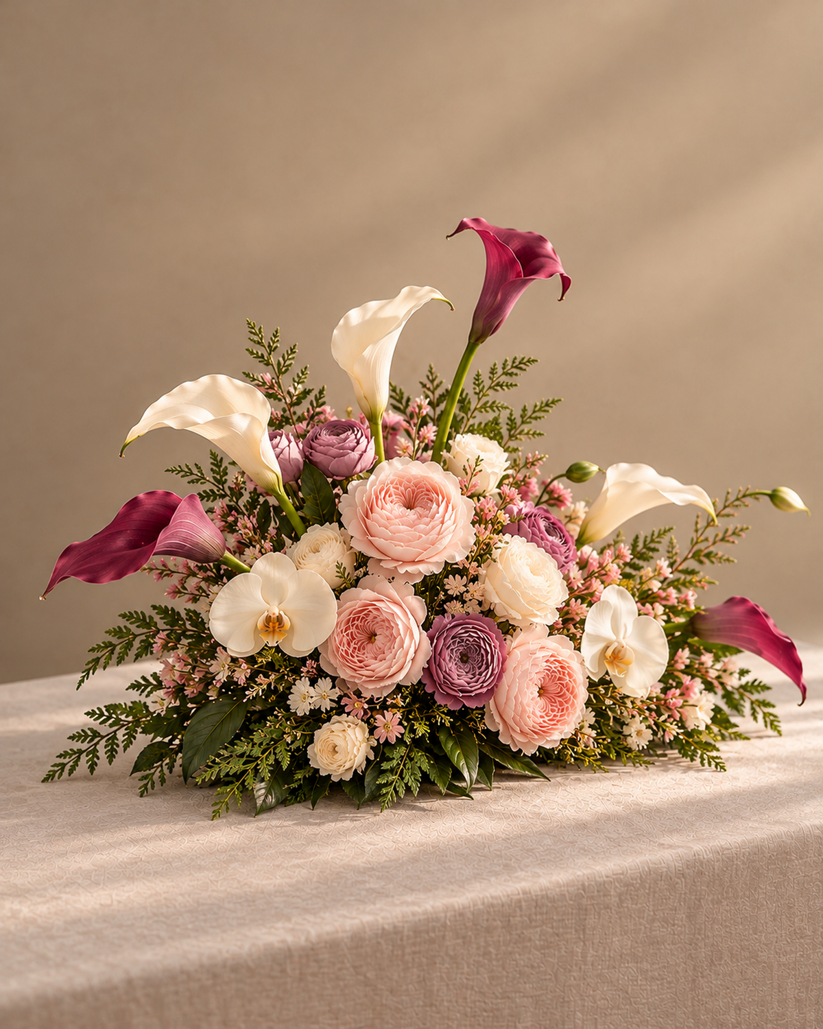 Blush Merlot table centerpiece shown from a three-quarter view on a linen tablecloth, with blush, cream and mauve ranunculus and garden roses, white orchid, burgundy and white calla lily, and fern and leaf foliage; the tablecloth is shown for display and is not included.