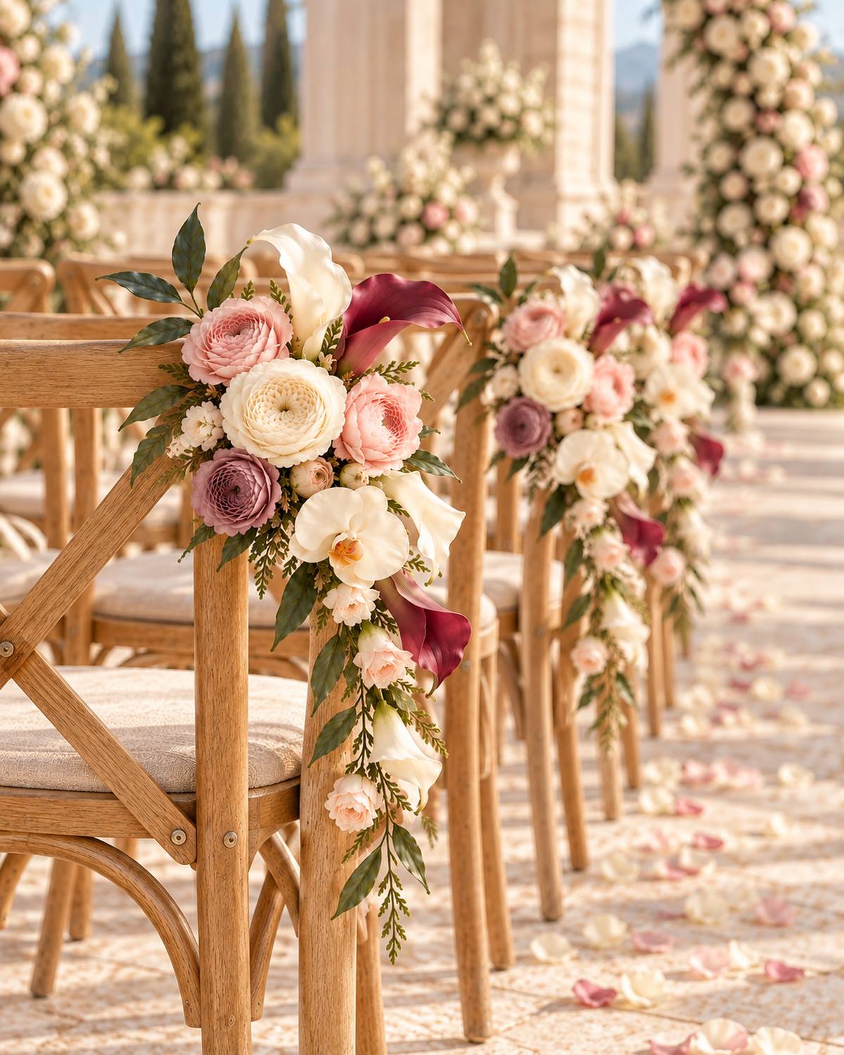 Row of wooden chairs along a ceremony aisle with Blush Merlot chair flowers attached to each chair back; the chairs, petals and background florals are shown for display and are not included.