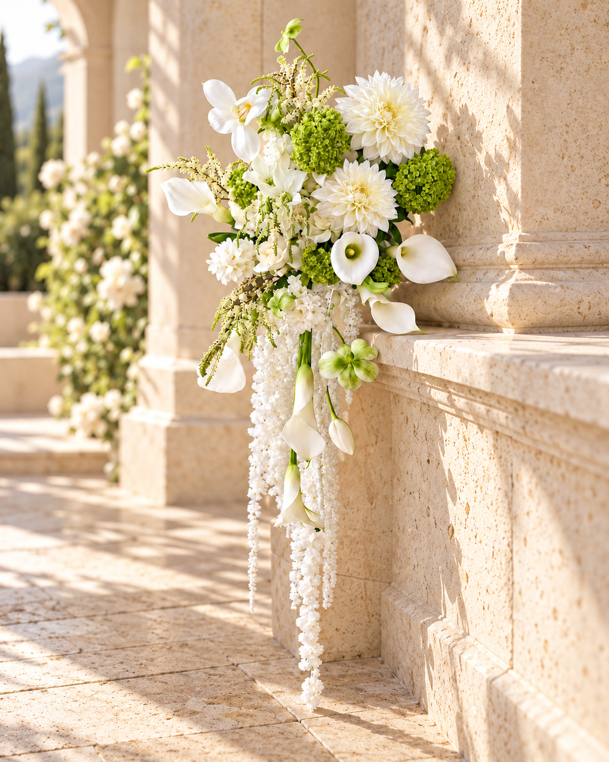 White Green Cascade bridal bouquet resting on a sunlit stone ledge beside a stone column, with white dahlias, white calla lilies, green hydrangea and trailing white blooms; the stone setting is shown for display and is not included.
