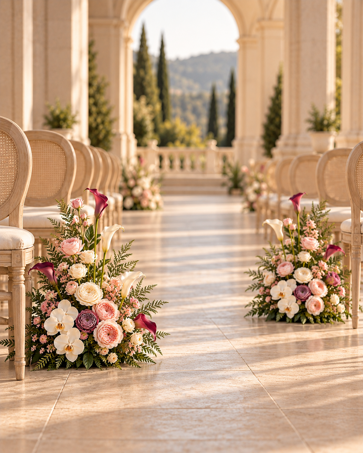 Two Blush Merlot aisle flower arrangements on the floor along a ceremony aisle between rows of chairs, with blush, cream and mauve ranunculus and garden roses, white orchid, burgundy and white calla lily, and fern and leaf foliage; the chairs and venue are shown for display and are not included.