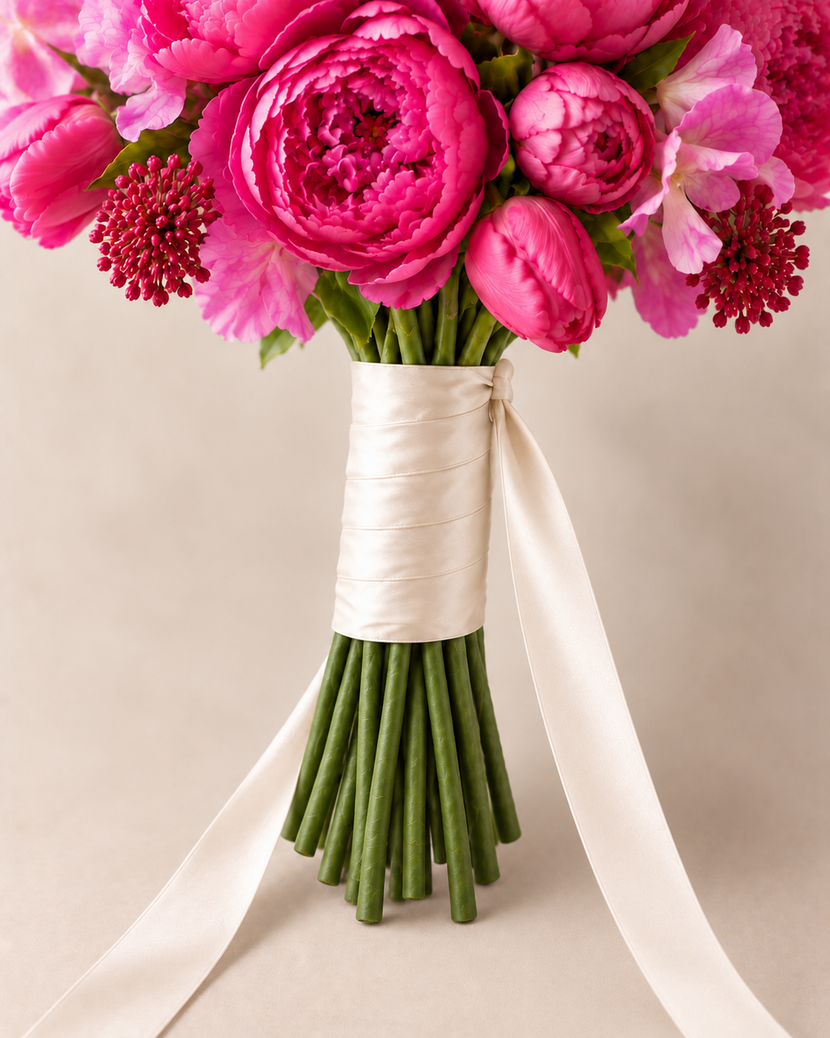 Close-up of the Fuchsia Bloom Posy bouquet's ivory ribbon-wrapped handle with naturally exposed stems