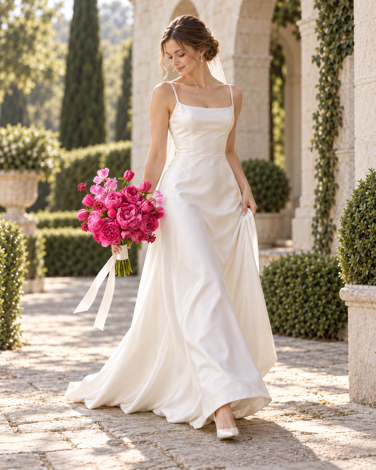 Bride in an ivory satin gown walking through a stone archway, holding the Fuchsia Bloom Posy bouquet with hot pink peony, magenta tulip and pink sweet pea