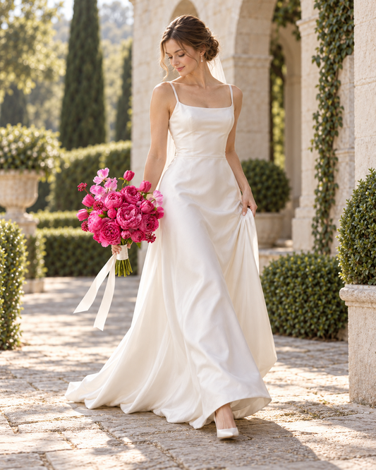 Bride in an ivory satin gown walking through a stone archway, holding the Fuchsia Bloom Posy bouquet with hot pink peony, magenta tulip and pink sweet pea