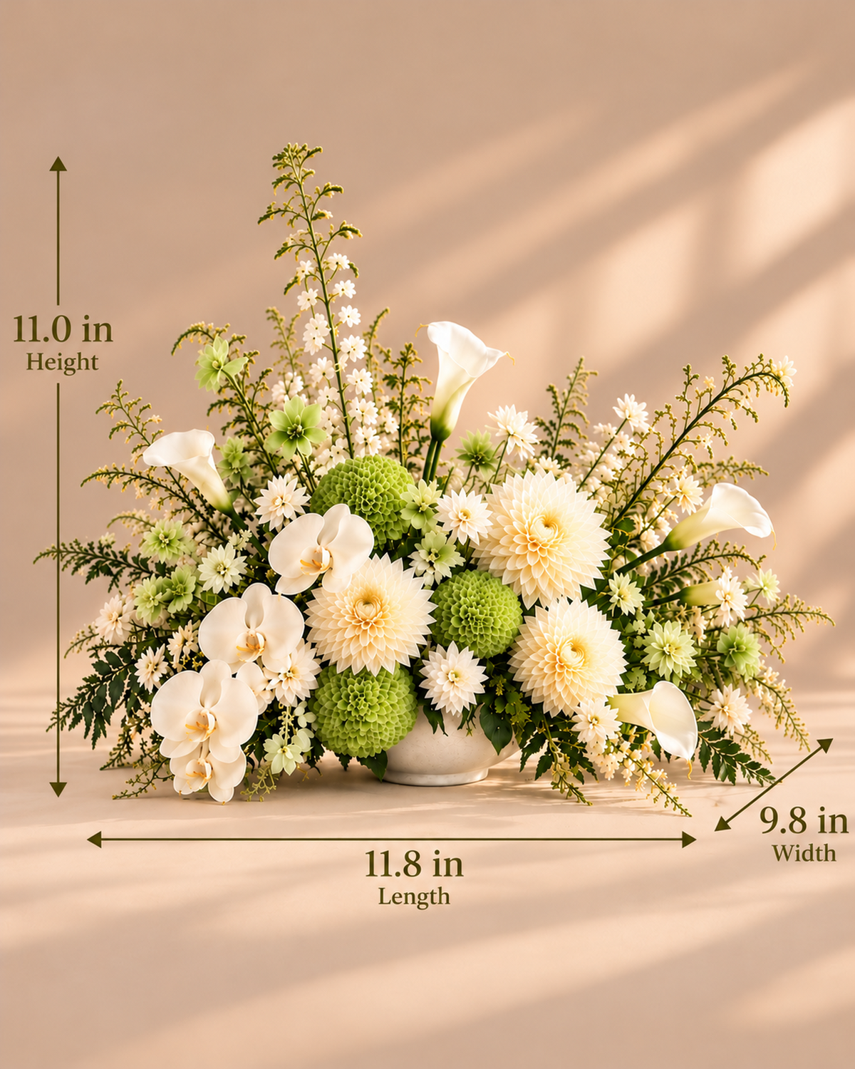White Green Table Centerpiece size guide: length 30 cm (11.8 in), width 25 cm (9.8 in), height 28 cm (11.0 in) per piece.