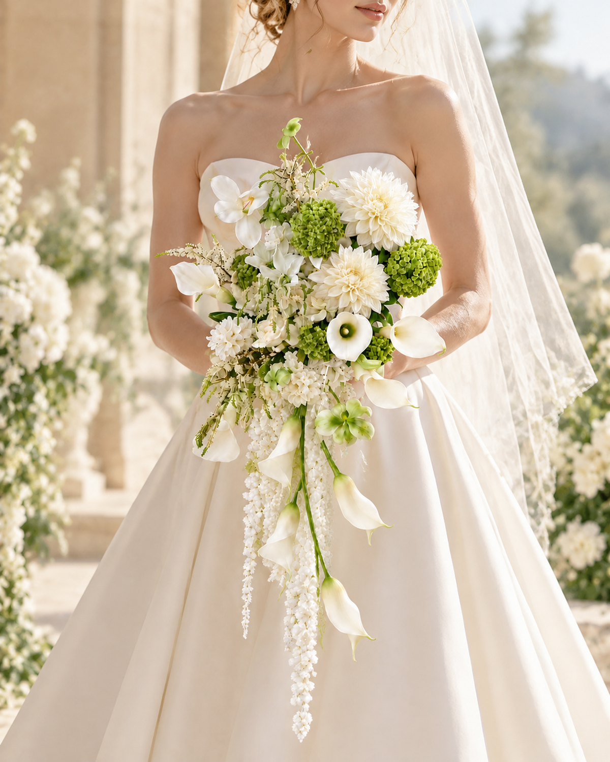 Bride in an ivory gown and veil holding the White Green Cascade bridal bouquet of white dahlias, white calla lilies and green hydrangea, outdoors; the bride, gown and veil are shown for display and are not included.