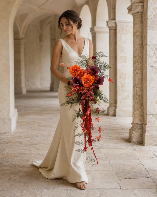 Bride holding the Ember Cascade bridal bouquet in a stone archway, burnt orange and burgundy cascading blooms
