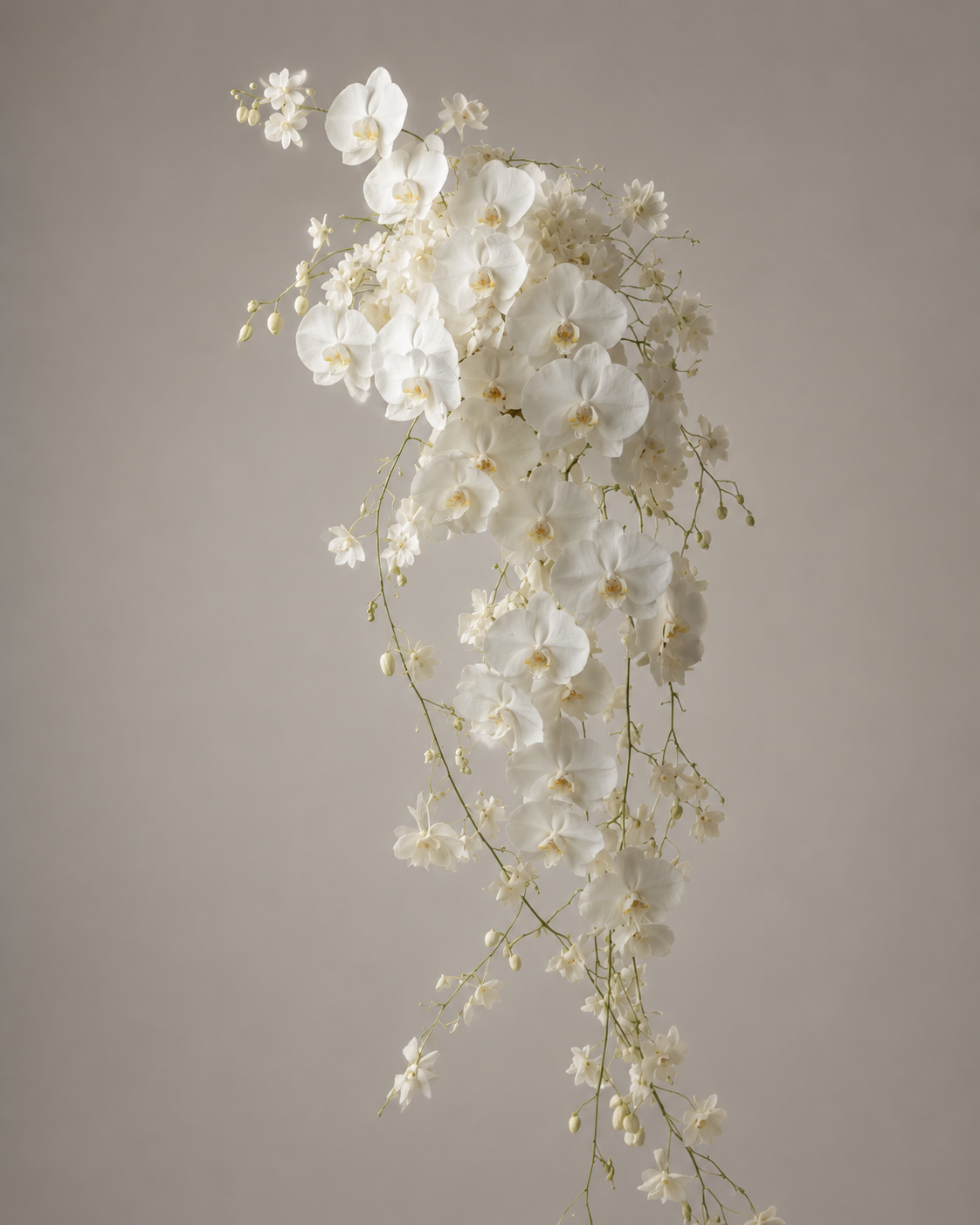 Phalaenopsis Waterfall cascading white orchid bridal bouquet, standalone product shot on neutral background