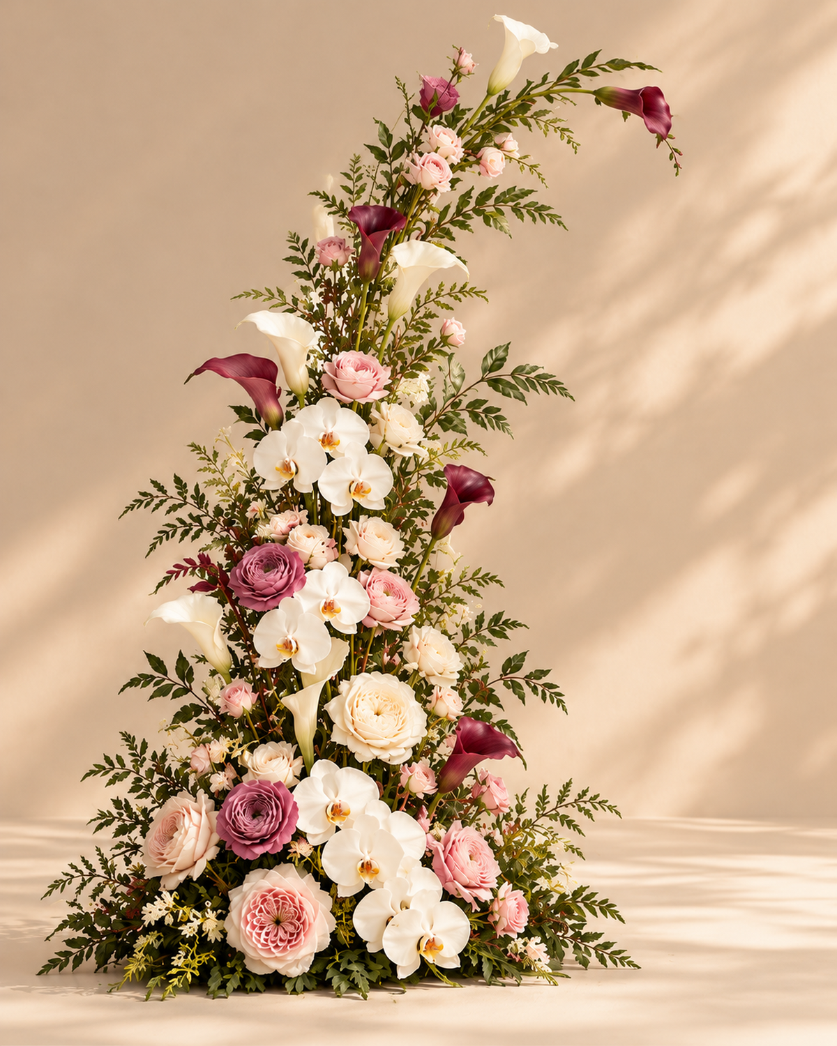 Blush Merlot ceremony arch flowers featuring blush pink roses, white calla lilies, burgundy calla lilies, white orchids and lush greenery, displayed against a warm beige background.