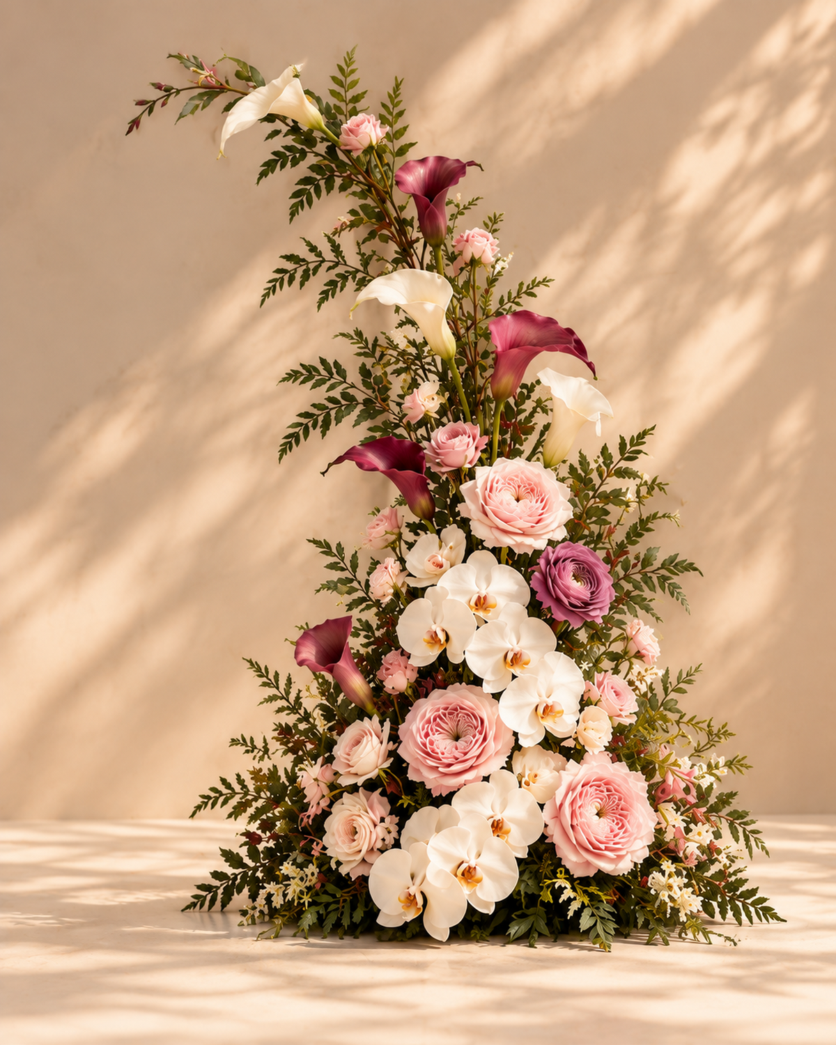 Alternate view of Blush Merlot ceremony arch flowers with white and burgundy calla lilies, blush pink roses, white orchids and layered green foliage.